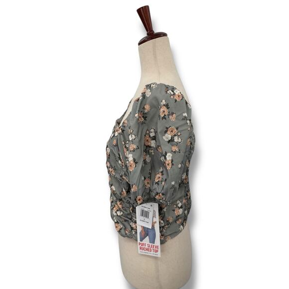 NEW Celebrity Pink Gray Floral Top Size Large Smocked ruched Puff Sleeve Crop - Picture 6 of 11